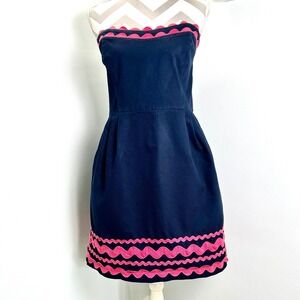 Vineyard Vines Ric Rac‎ Strapless Dress Navy Pink Trim Party Cotton Blend 14